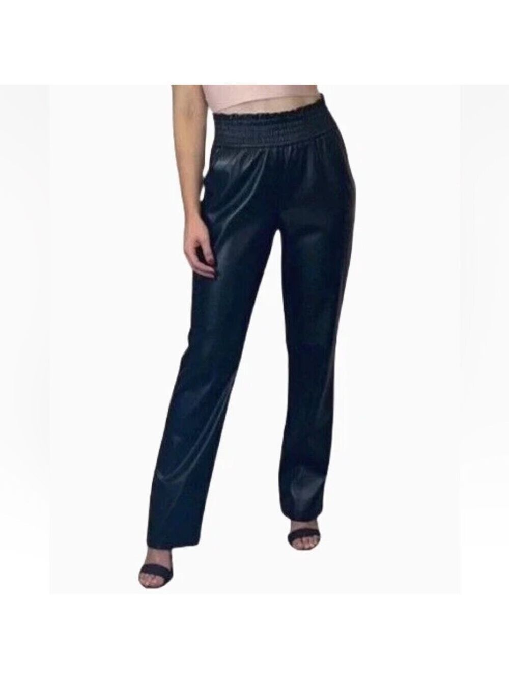 JOIE Pleather Vegan Faux Leather High Rise Straight Leg Pull On Pockets VGC Sz S